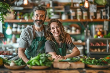 Hispanic handsome man and mature woman in aprons owners working at zero waste shop interior. Ecology, AI Generative