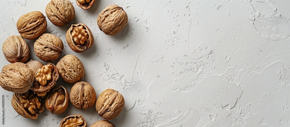 Poster Top down view of walnuts in shells on a white stone surface ideal for adding text to the image. Creative banner. Copyspace image