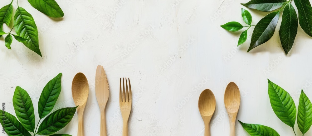 Poster eco friendly cutlery on a light background for food delivery with a green leaf frame on a white back