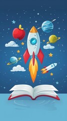 A colorful web banner with an open book and a rocket taking off, surrounded by stars and planets. Back to school.