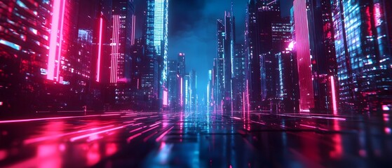 Dazzling Futuristic City Skyline with Vibrant Neon Lights and High Contrast 3D Rendered Details  This digital artwork depicts a captivating futuristic cityscape with towering skyscrapers