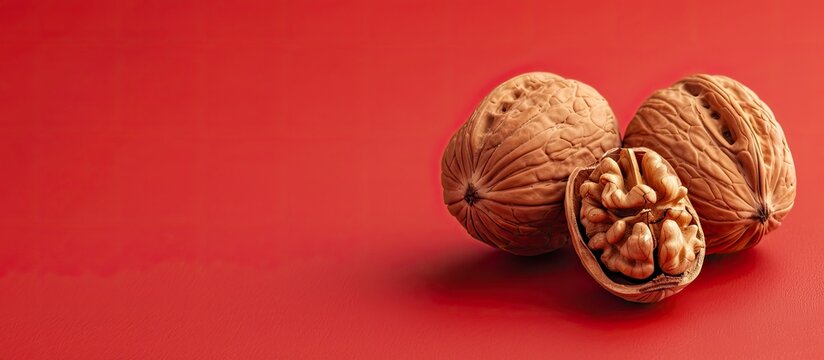 Vegan nut placed on red backdrop with copy space image high in vitamin content
