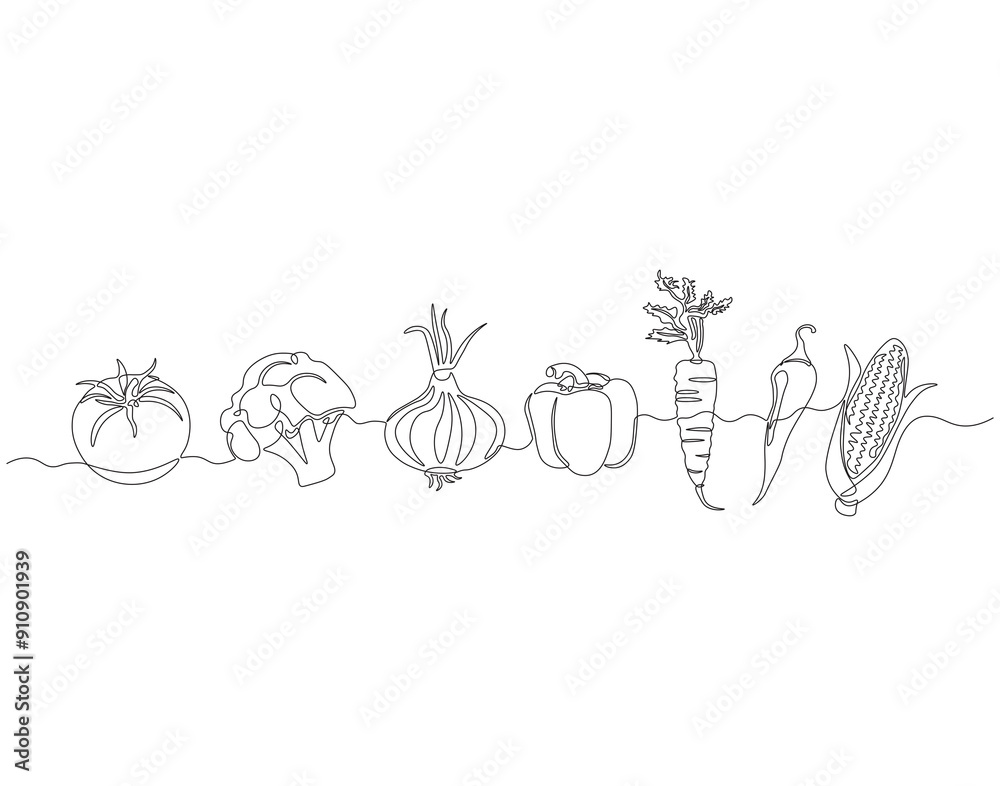 Wall mural Continuous one line drawing of set of vegetables. One line drawing illustration of set of ripe vegetables. World vegetarian day, Fresh vegetables concept line art. Editable outline