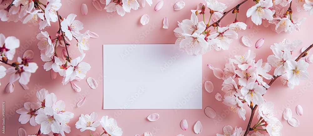 Aufkleber Spring cherry blossoms tree with an empty paper for text on a soft pink backdrop in a copy space image