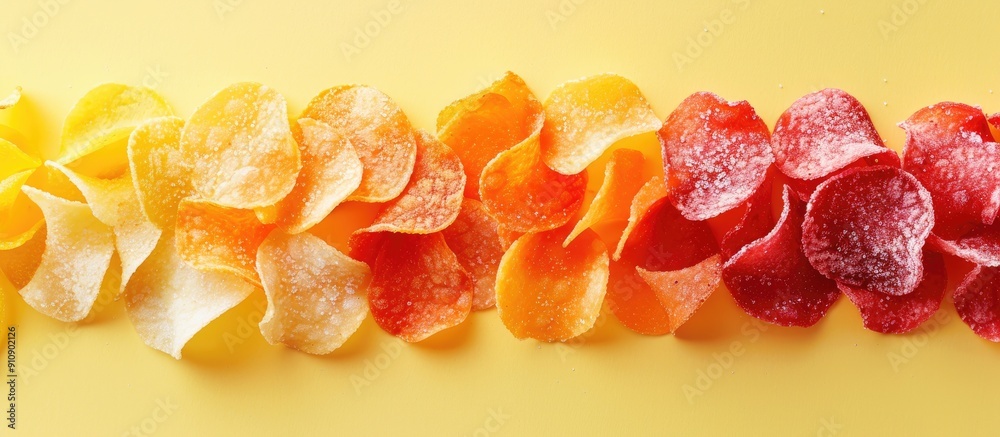 Poster fruit chips arranged on a white and yellow backdrop promoting healthy snacking with no added sugar s