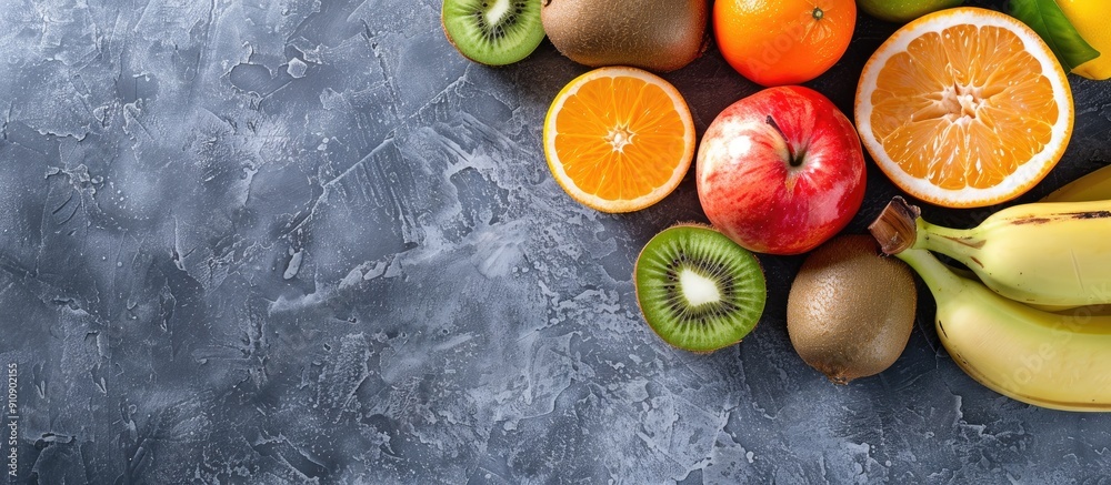 Poster Fresh and colorful fruits like oranges bananas apples kiwis and grapefruits arranged on a gray tabletop in a flat lay view with a fruit themed copy space image in the background