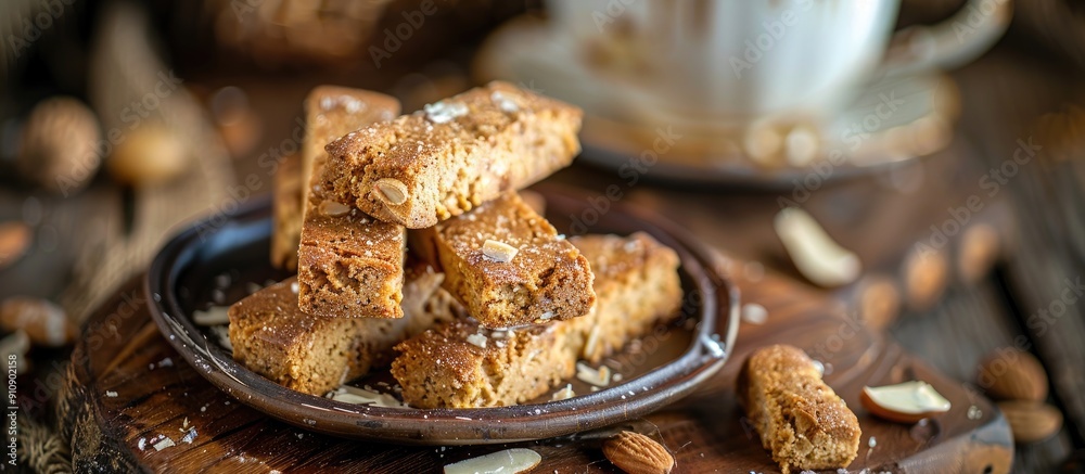 Poster A food image with biscotti placed on the table for tea with selective focus creating a visually appealing copy space image