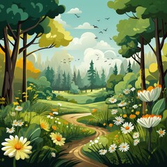 Modern Memphis Style Flat Illustration of a Green Forest Landscape