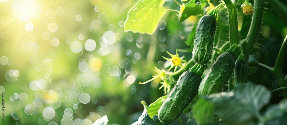 Poster A young cucumber thrives in the greenhouse with a background perfect for adding text or graphics copy space image