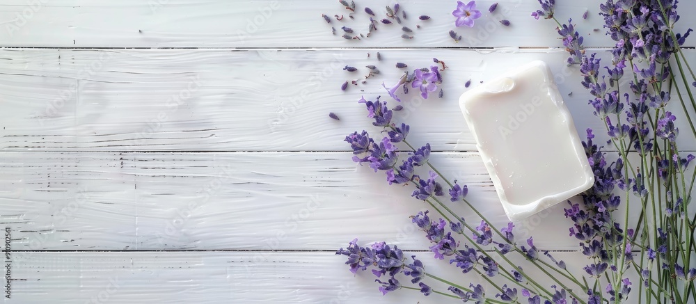 Aufkleber White wood table with lavender flowers and soap bar creating a serene copy space image