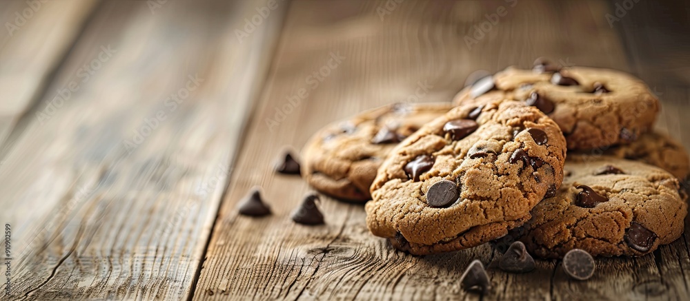 Poster a rustic studio shot featuring homemade chocolate chip cookies on a wooden table with a vintage and 