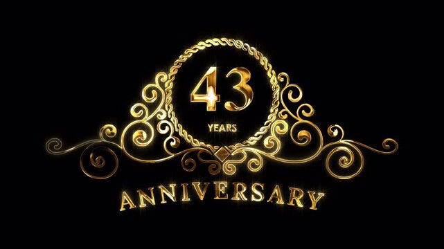 43rd Anniversary Celebration. Happy 43 Years Anniversary Animation in Gold Color on the Transparent Background, Alpha Channel. Great for greetings, celebrations, events, and gifts.