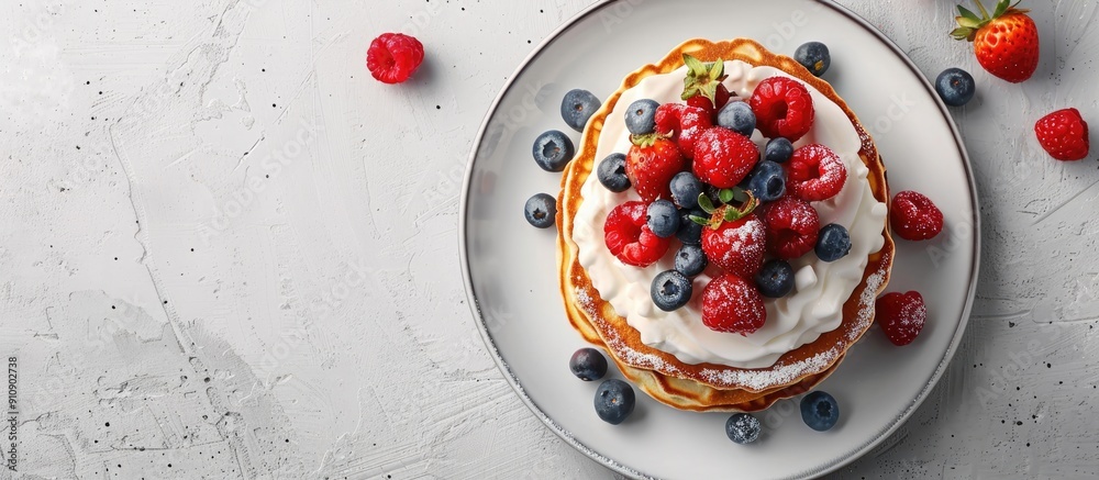 Poster Pancakes topped with berries and cream on a plate with copy space image