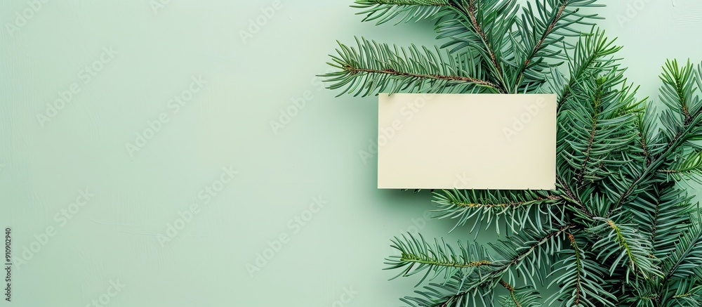 Leinwandbilder A green fir tree spruce branch is next to an empty business card on a colored background offering space for image insertion. Creative banner. Copyspace image