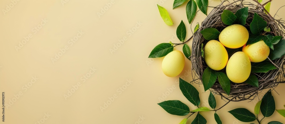 Poster minimalistic composition featuring yellow easter eggs nestled in a nest accompanied by green leaves 