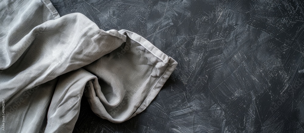 Leinwandbilder View from above of a gray kitchen napkin placed on a table background perfectly folded with an area for text or design in a minimalistic flat lay style. Creative banner. Copyspace image