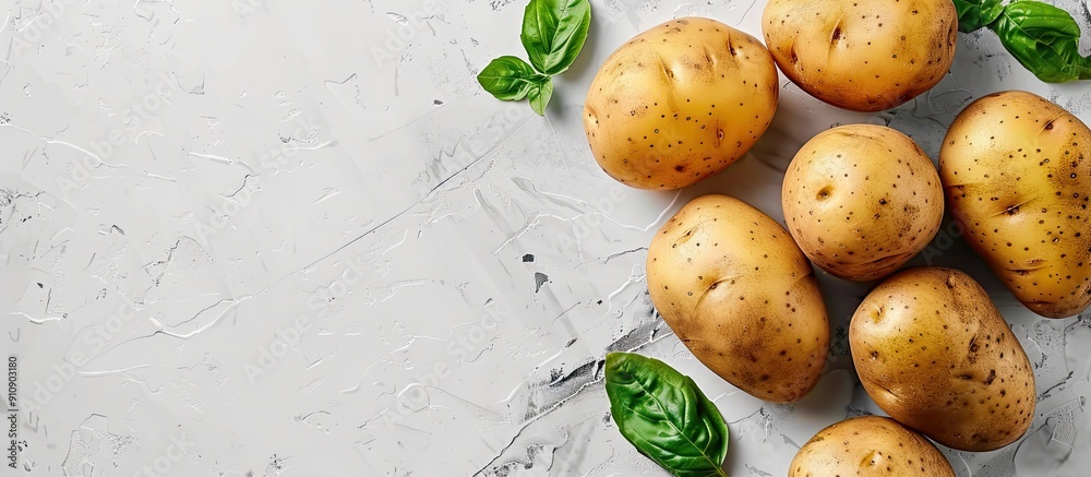 Poster top view of fresh organic potatoes on a white backdrop with copy space image