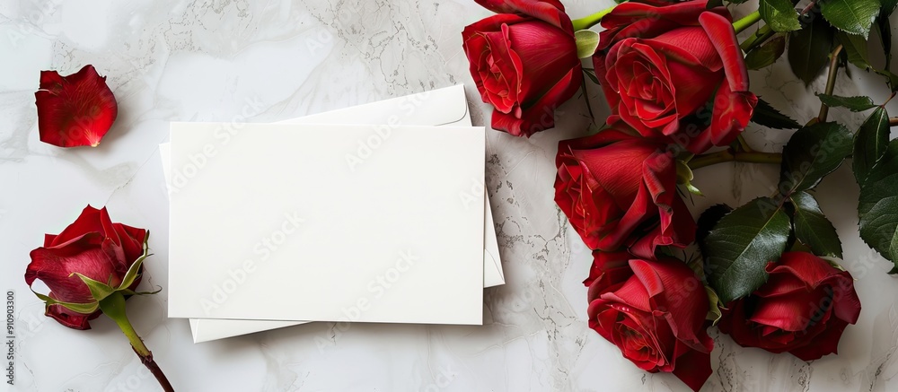 Poster white background with a card and roses for copy space image