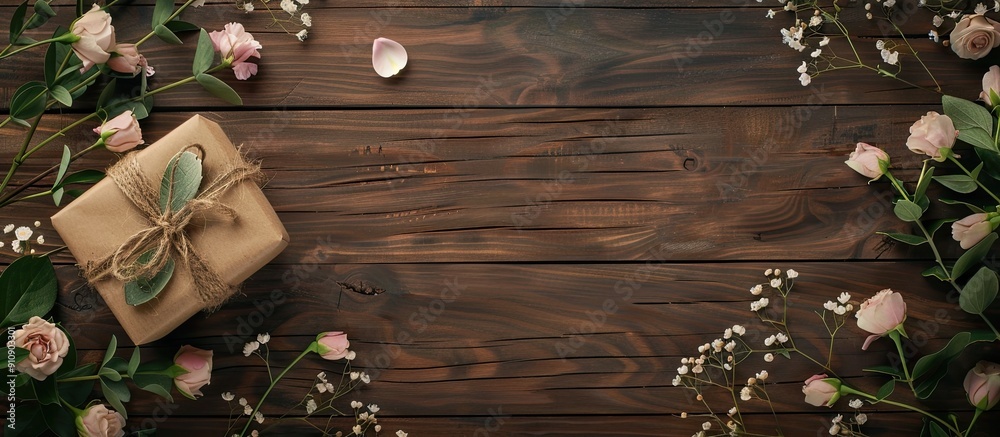 Aufkleber A rustic wooden backdrop with a present and blooms creates a charming copy space image