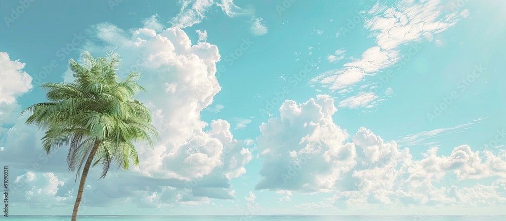 Poster summer beach scene with a palm tree under a blue sky with fluffy clouds offering copy space soft pas