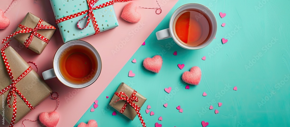 Canvas Prints Valentine s Day gifts and a cup of tea on a colored background with room for text making it a copy space image