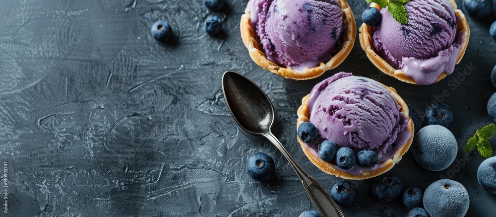 Aufkleber a summer themed scene on a gray backdrop featuring three servings of blueberry ice cream in a waffle