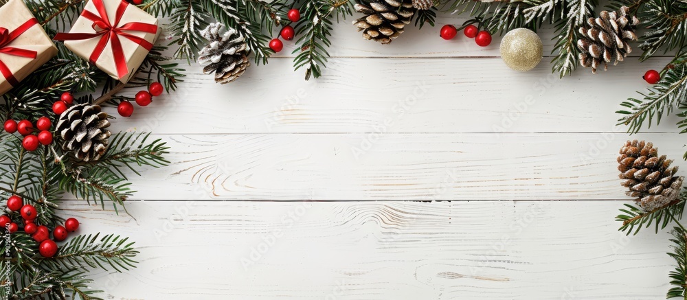 Poster festive christmas arrangement featuring a tree on a white wooden backdrop for a flat lay top view co