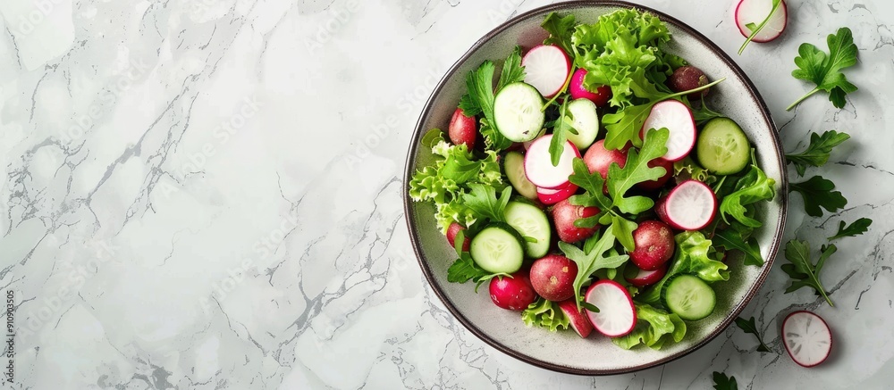 Poster A spring salad with potatoes radishes cucumbers and greens on a marble table Ideal for vegans featuring a recipe concept Top down view with space for images. Creative banner. Copyspace image