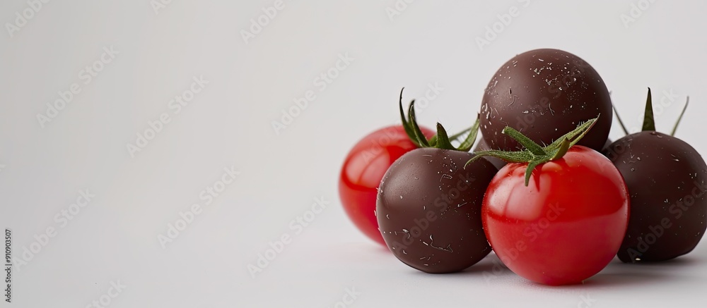 Poster fresh cherry tomatoes with a chocolate ball on a white background create an enticing copy space imag