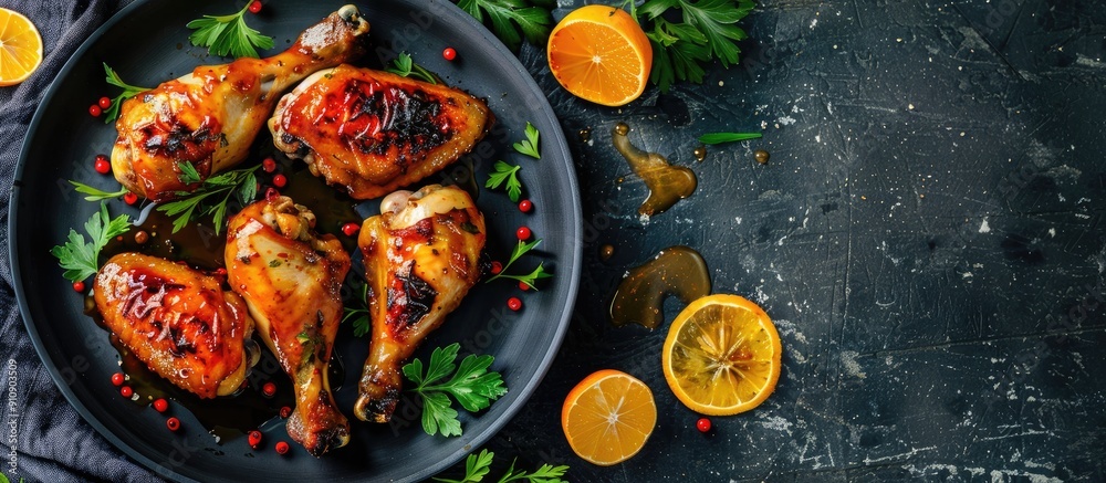 Poster honey glazed chicken legs served with oranges shown in a copy space image
