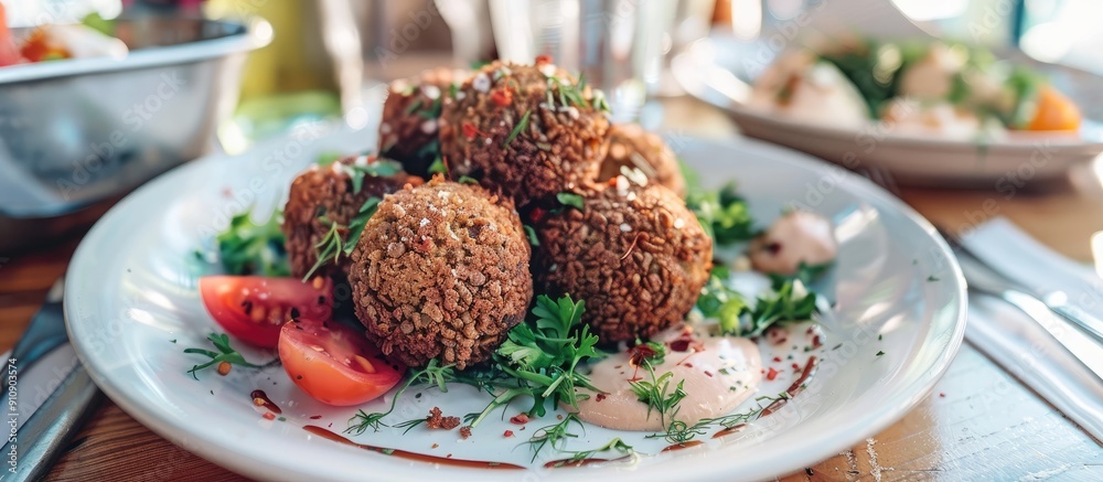 Poster gourmet falafel served on a white plate with sauce merken on a table in daylight ideal as a copy spa