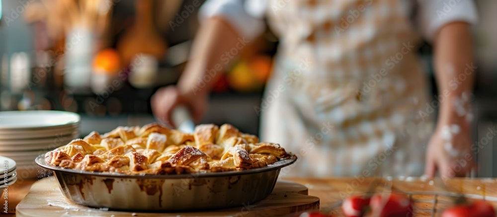 Aufkleber Focused on pie making in a kitchen with a blurred background with copy space image