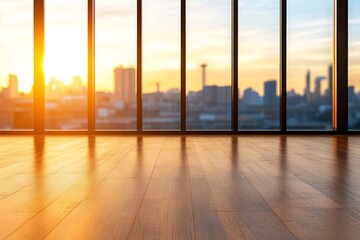 Fototapeta premium Bright sunrise view through large windows, showcasing a modern city skyline and warm wooden floor.