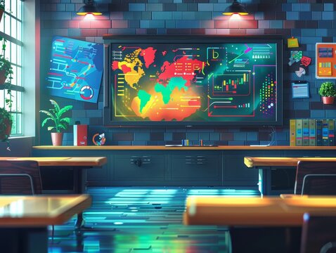 Empty futuristic classroom with a large screen displaying a world map.  The room has a blue and green color scheme and is lit by red lights.