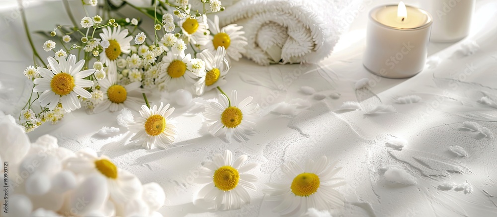 Poster Relaxation promoted with a spa setup featuring chamomile elements on a white textured backdrop for beauty treatments with room for text or images. Creative banner. Copyspace image