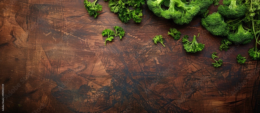 Poster top view of organic broccoli florets on a wooden board with copy space image for added text or eleme