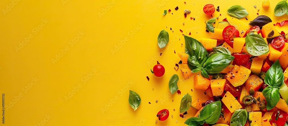 Poster Top view of a pumpkin and basil salad on a yellow backdrop with space for text or image insertion. Creative banner. Copyspace image