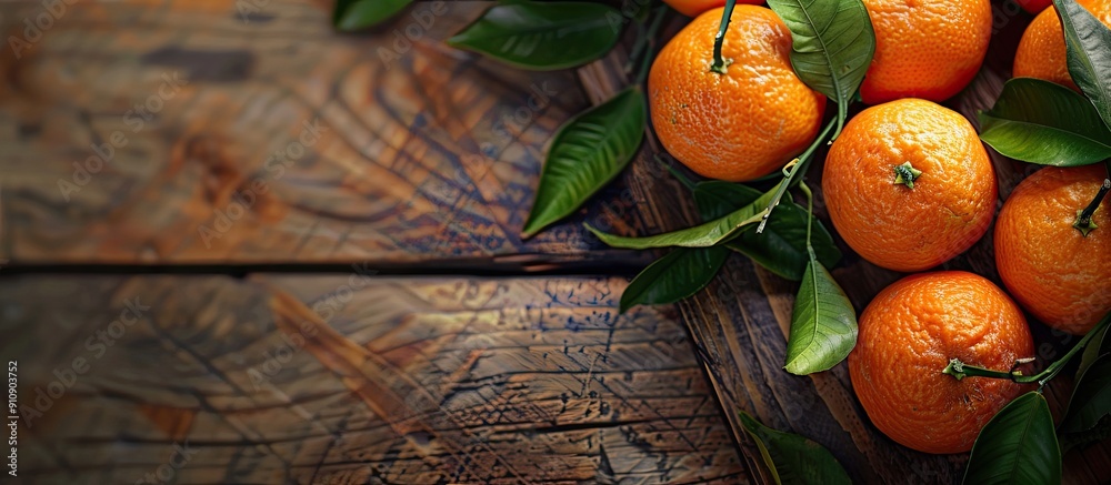 Aufkleber On a wooden table sits tangerines adorned with leaves offering room for additional content in the image