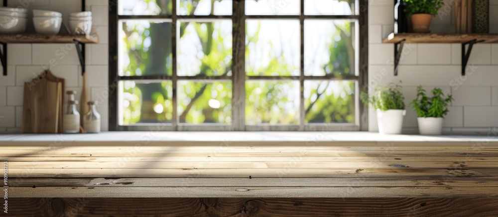 Wall mural Kitchen window and shelves in the blurred background of a wooden table with copy space image