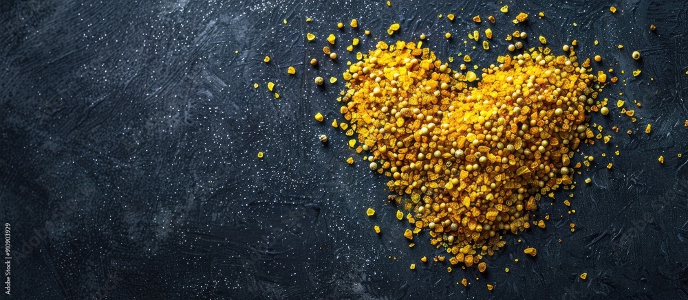 Poster A heart shape created from yellow spices on a black background for a cookery theme with copy space for text or labels in an overhead flat lay view