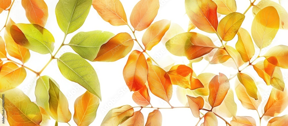 Poster Vividly illuminated soft green and orange leaves texture isolated on a white background with intentional bright exposure ideal for a copy space image