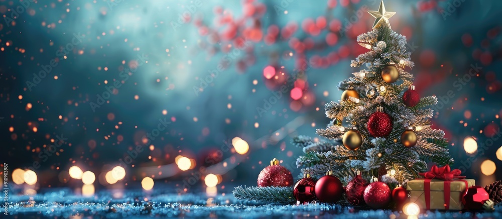 Poster Festive Christmas backdrop with a decorated tree and ornaments against a copy space image