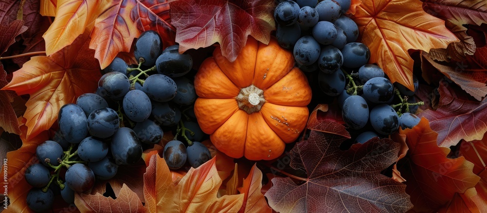 Aufkleber fall themed arrangement featuring an orange pumpkin surrounded by grapes and autumn leaves creating 