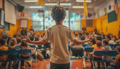 Naklejka premium A child presenting in a classroom full of engaged students, showcasing excitement and confidence in a learning environment.