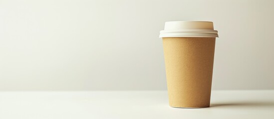Isolated on a white backdrop a blank Kraft coffee cup is shown ready for a copy space image