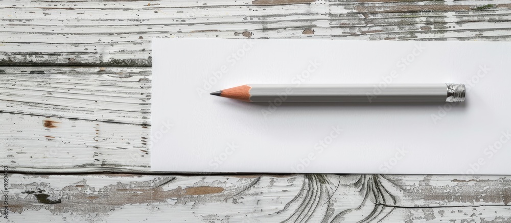 Poster wooden background with a white paper and a gray pencil with copy space image