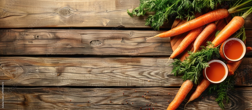 Poster Wooden table with fresh carrot juice in flat lay configuration suitable for text in copy space image