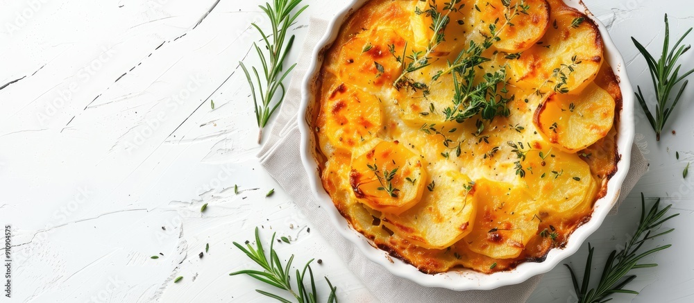 Poster top view of a traditional homemade potato casserole with herbs on a white background with a clear ar