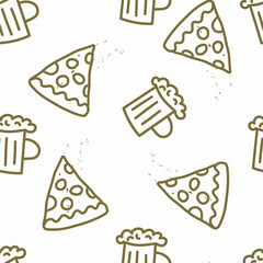 Pizza and beer day. seamless pattern of pizza and beer. doodle hand-drawn vector illustration. Template for Notebook covers, pattern for wallpapers, for cafe, fast food restaurant. junk food
