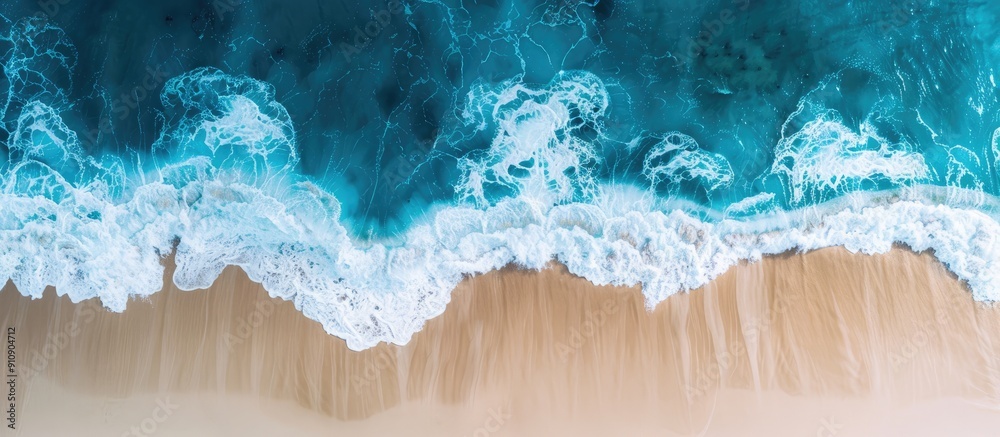 Poster tropical waves create a scenic ocean background with a sandy shore white foam and a serene natural v